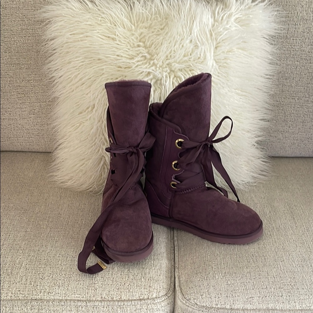 Australia Luxe Collective Purple Lace Up Boots with Fur Trim